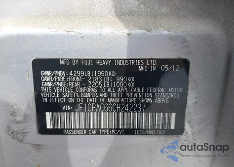 2012 Subaru Impreza 2.0I Premium из США, поврежденный, VIN JF1GPAC66CH242237